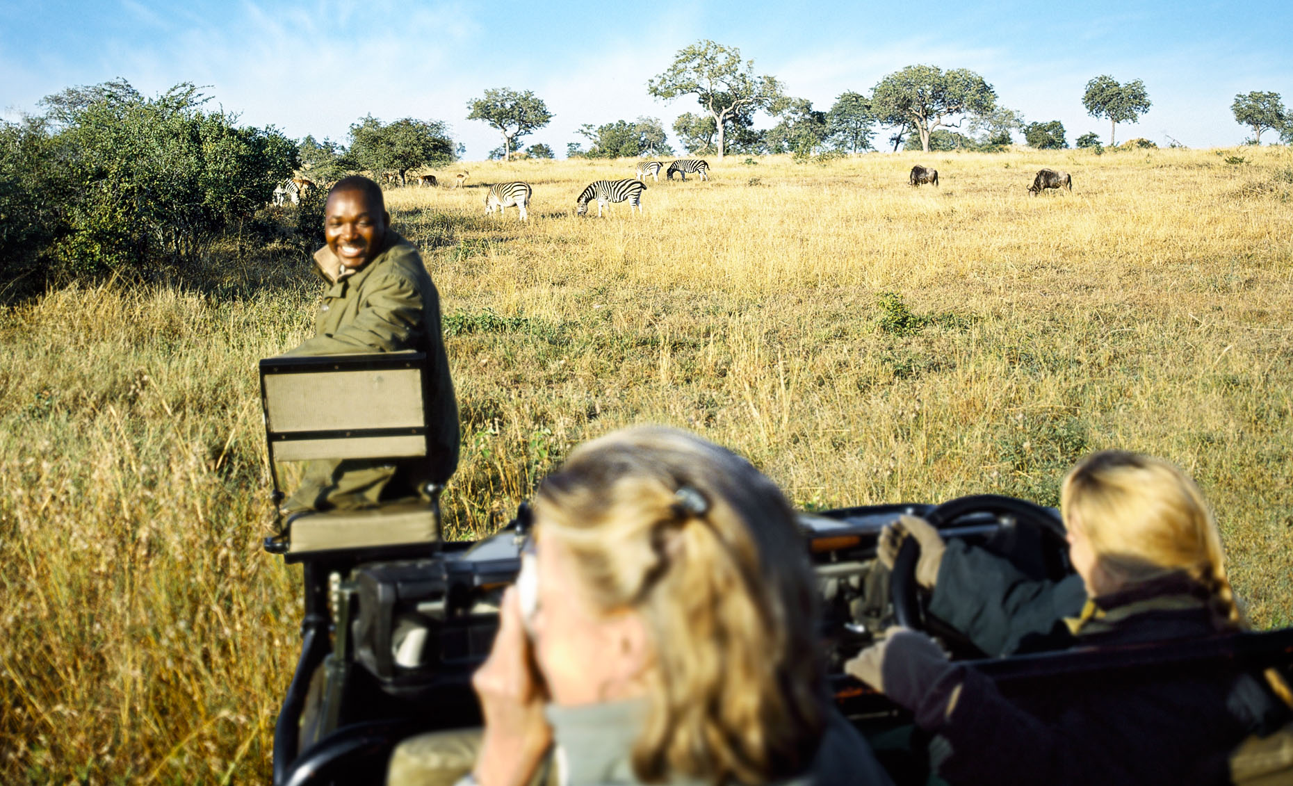  The tracker, whose seat is mounted on the front of the safari vehicle, spots a photo op of wildebeest and zebra